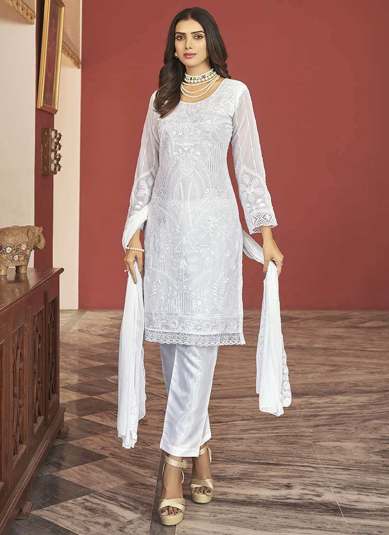 Buy White Faux Georgette Eid Wear Embroidery Work Salwar Suit