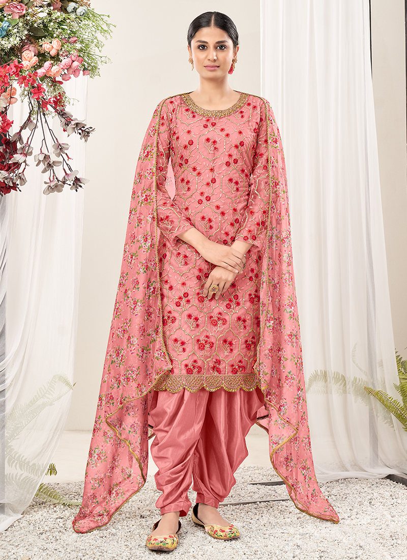 Buy Pink Net Traditional Wear Embroidery Work Patiyala Suit Online ...