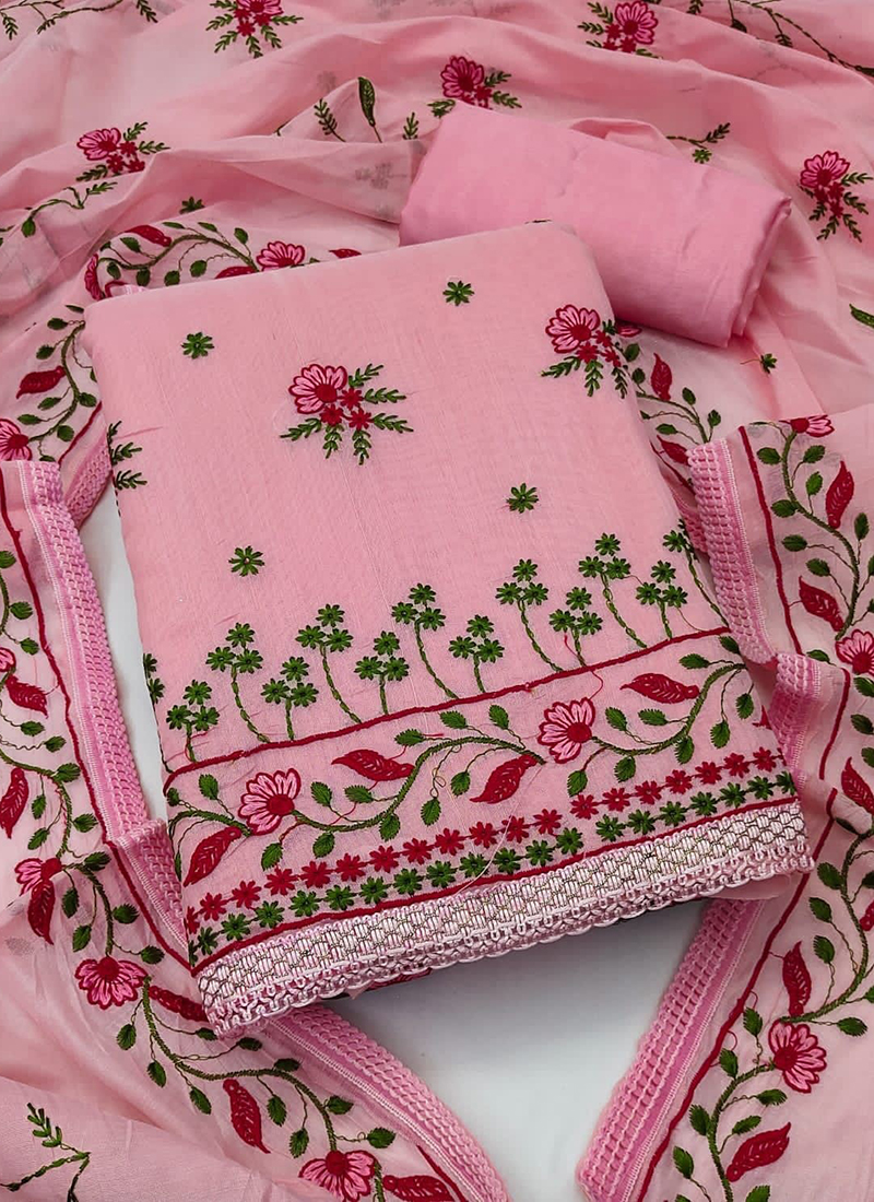 Buy Pink Chanderi Casual Wear Embroidery Work Dress Material
