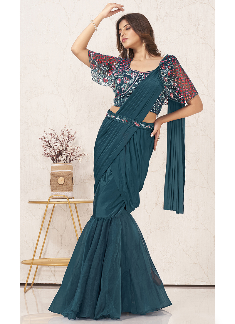 Buy ASYAD BOUTIQUE Women's Lycra Readymade Saree With stitched Blouse for  Party/Wedding and Ethnic wear(Navy Blue) at Amazon.in