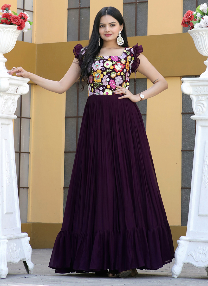 Buy Wine Georgette Party Wear Embroidery Work Gown Online ...