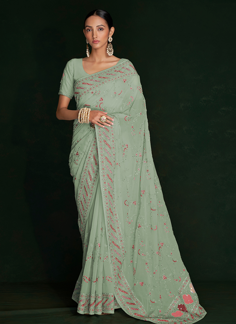 Pastel Green Lucknowi Embroidered Georgette Saree | ARS330