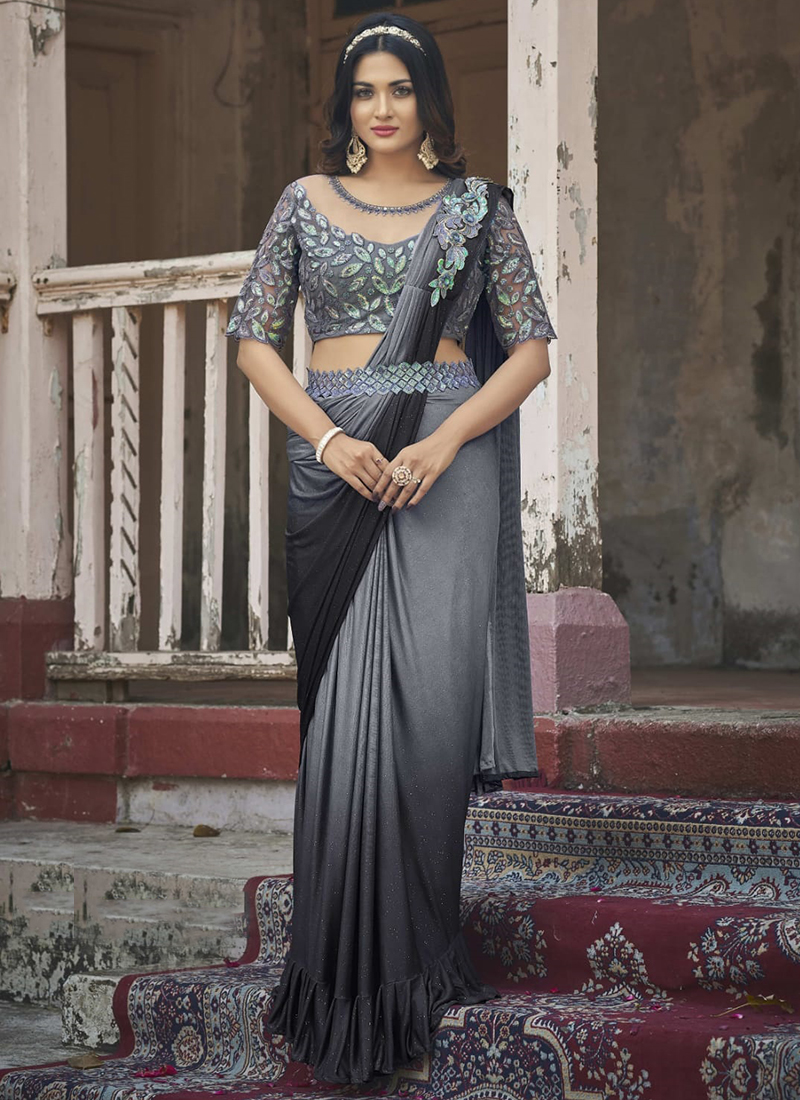 Buy Grey Fancy Party Wear Hand Work Ready To Wear Saree Online From Wholesale Salwar