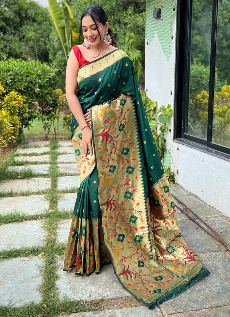 Bottle Green tussar with Yellow Cutwork Saree at Best Price