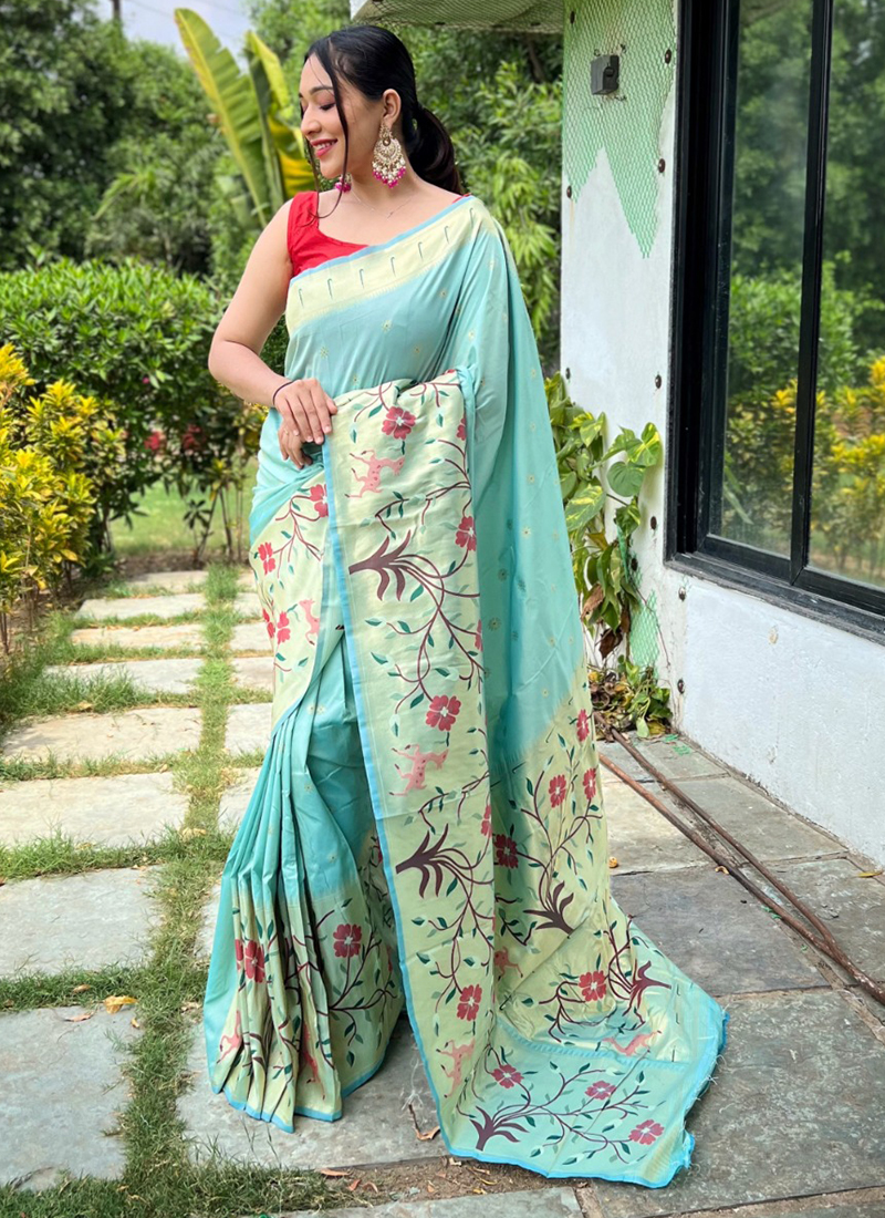 Buy Firozi Silk Traditional Wear Paithani Saree Online From Wholesale ...