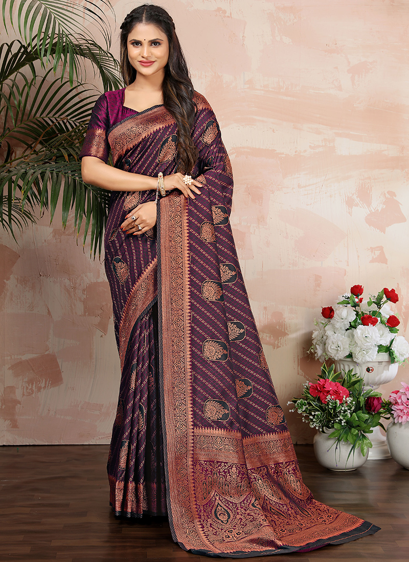 Buy Wine Satin Saree Online in India | Satin saree, Trendy sarees, Elegant  saree