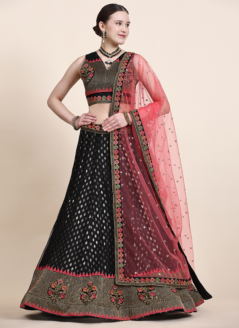 Buy Black Banglori Silk Wedding Wear Thread Work Lehenga Choli ...