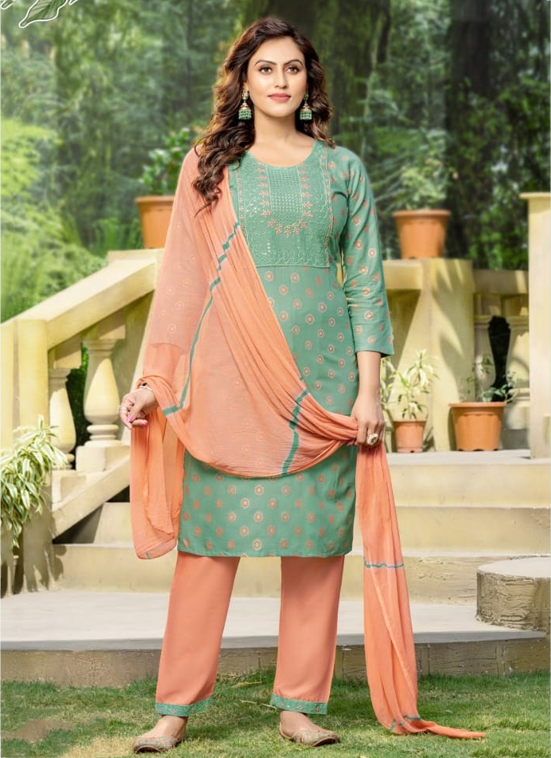 Pista Green Rayon Daily Wear Embroidery Work Readymade Salwar Suit SABHYATA 106