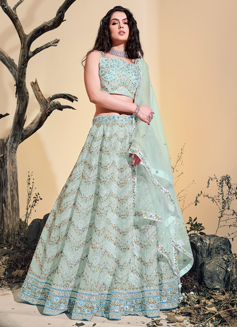 Turquoise Blue Floral Print And Embroidered Lehenga Set With Blouse And  Dupatta - Hijab Online