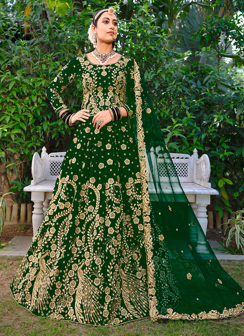 Buy Eid Plus Size Suits Silk Bottle Green Lehenga LLCV09801