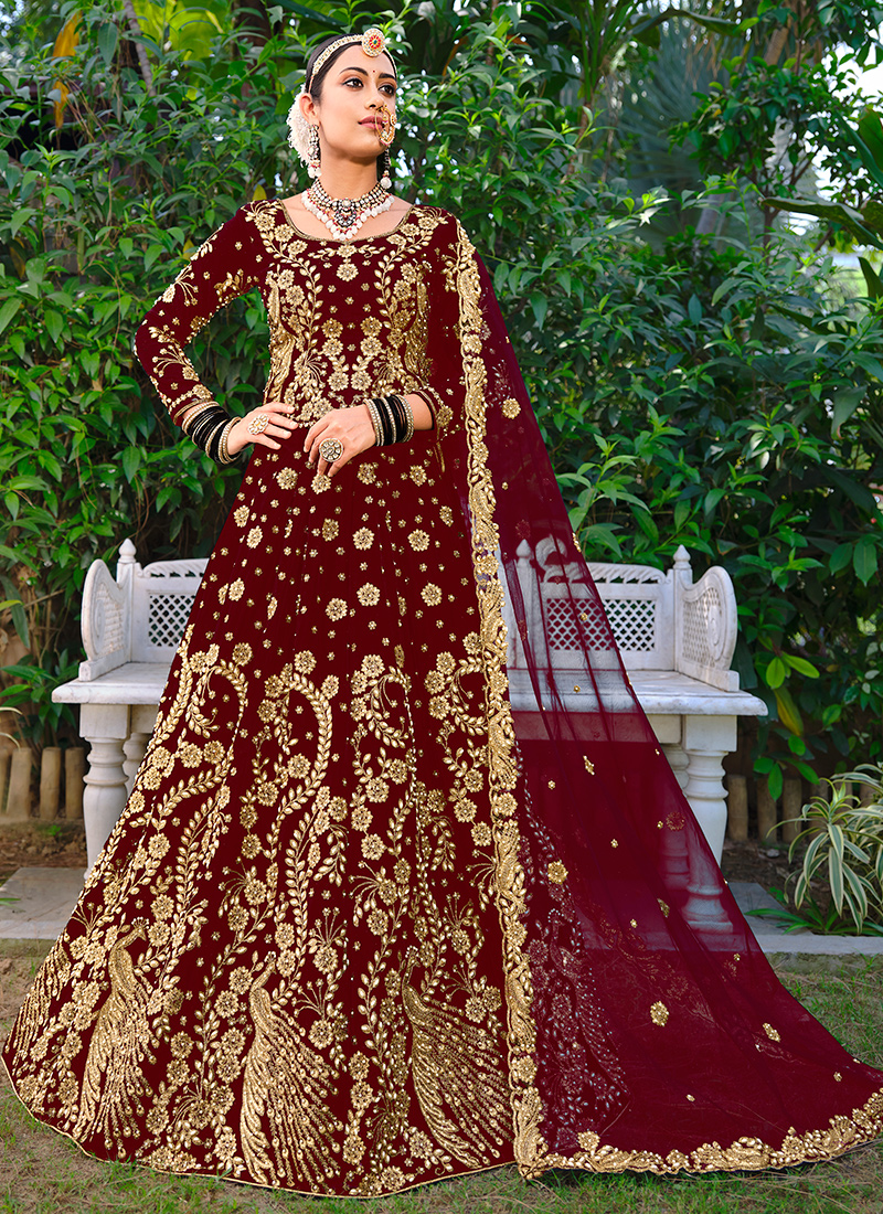Buy Trending Maroon Embroidered Velvet Bridal Lehenga Choli by Zeel Clothing