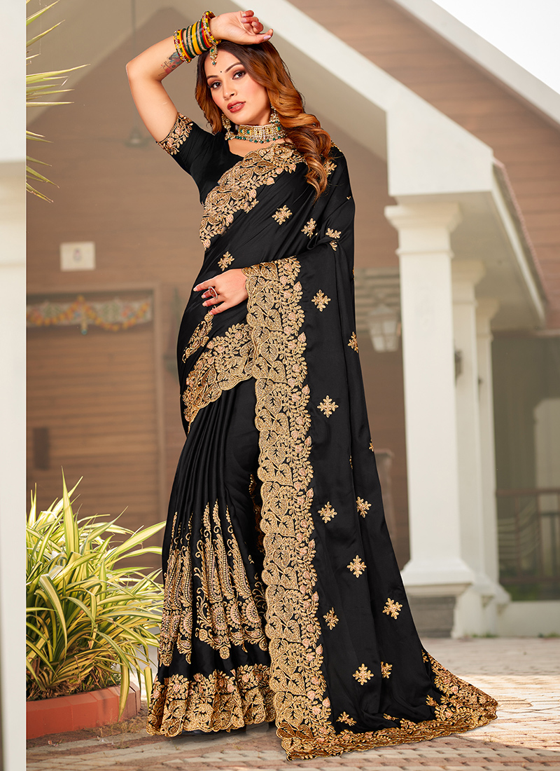 Jade Black and Golden Georgette Draped Saree