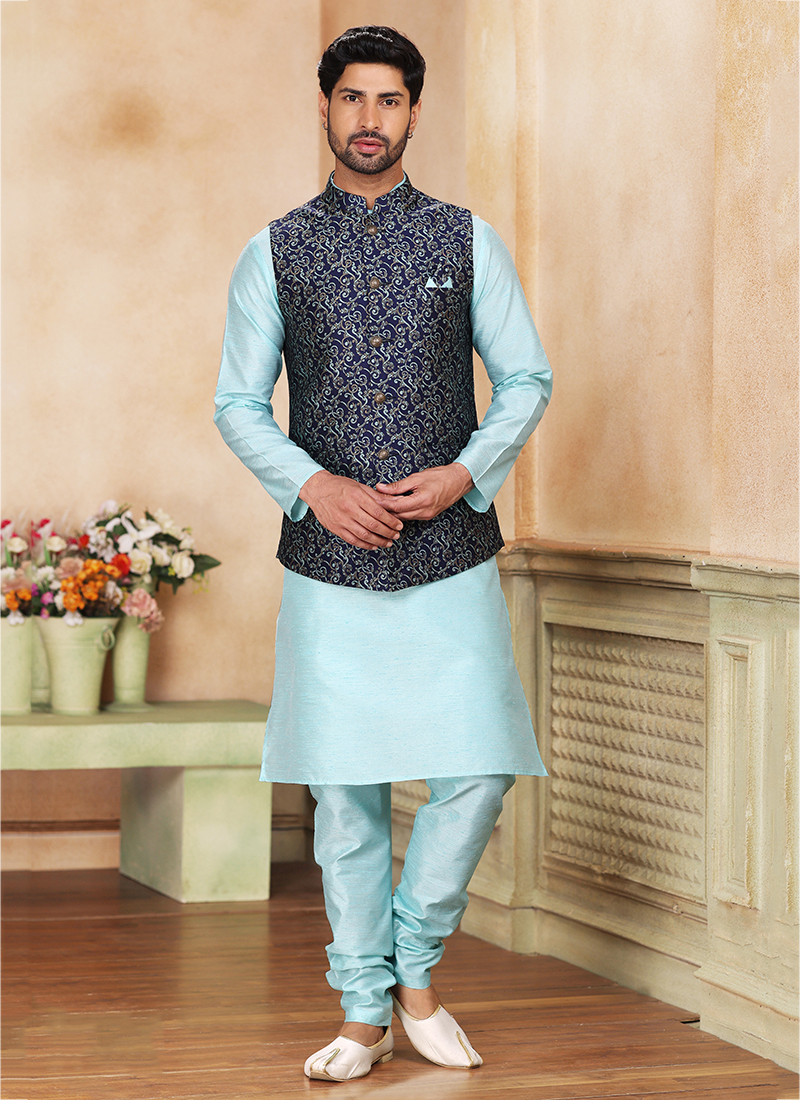 Buy Blue Banarasi Silk Traditional Wear Weaving Kurta Pajama With Jacket Online From Wholesale Salwar