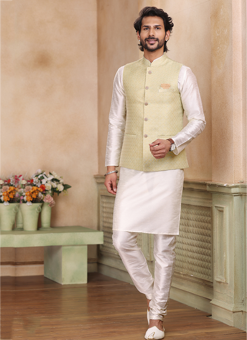 CREAM Kurta PRINT ON Banarasi Silk PESHAWARI main image 1