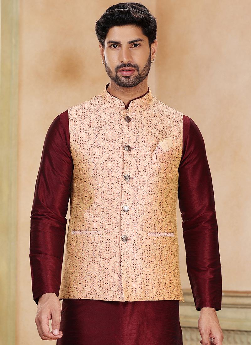 Maroon Colour Kurta Pajama With Jacket Maroon Banarasi Silk