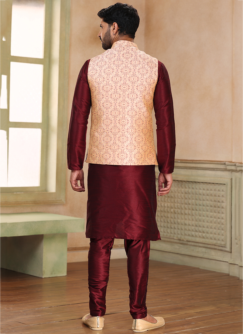 Maroon Kurta Pyjama Art Banarasi Silk Print Kurta Pajama With Jacket Online  Shopping