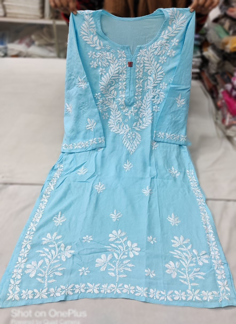 Lucknowi Chikankari Hand Embroidered Kurti Pink Muslin Cotton With Fine  Work 1AAGJ Chikirpolo