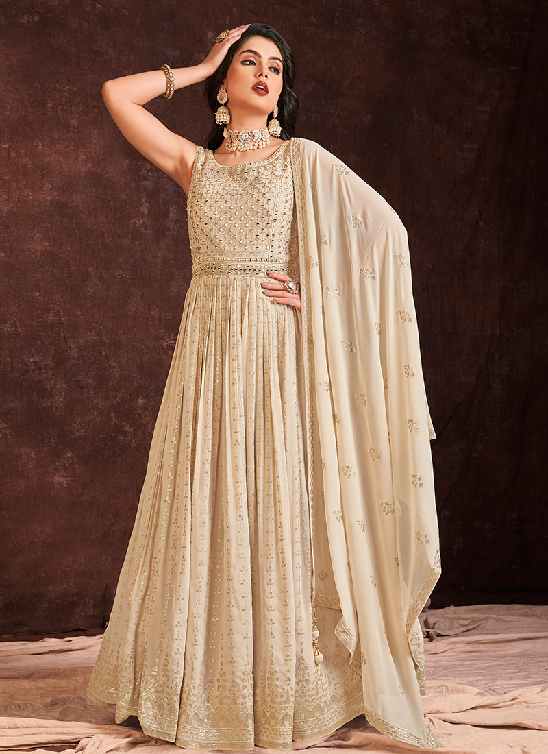 Women's Cream Net Sequinse Work Ready To Wear Lehenga & Unstitched Blouse  With Dupatta - Royal Dwells | Indian wedding dress designers, Net lehenga,  Lehenga