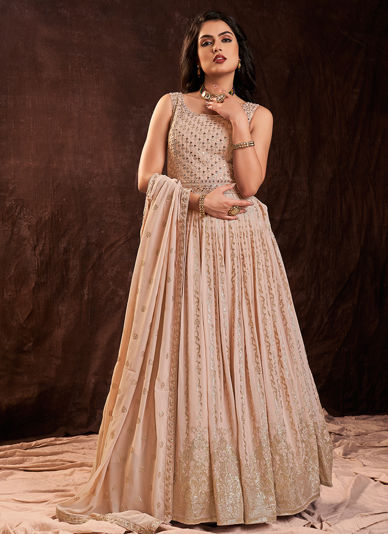 Buy Peach Georgette Wedding Wear Sequins Work Gown With Dupatta