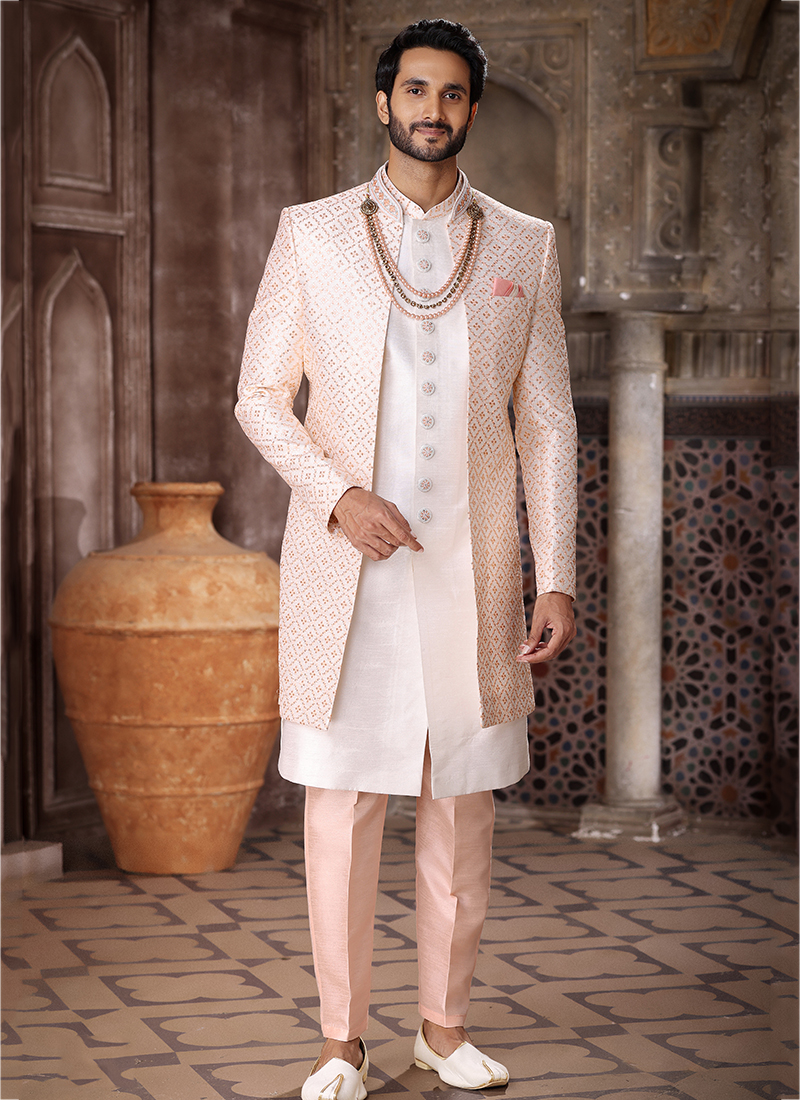 Peach Art Silk Wedding Wear Thread Work Mens Indo Western