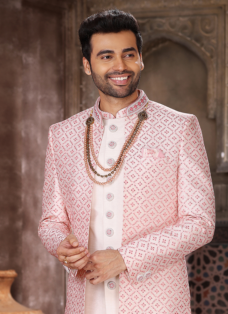 Buy Pink Art Silk Wedding Wear Thread Work Mens Indo Western