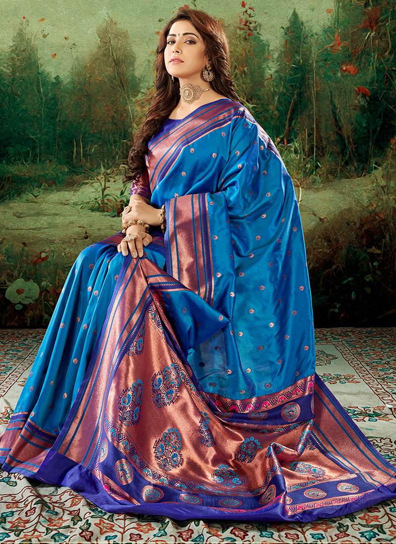 Sky Blue Coloured Paithani Soft Pure Silk waeving Rich Pallu with Meen –  Royskart