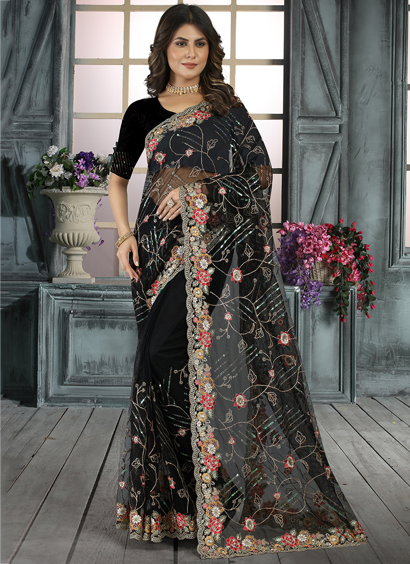 Rich black colour designer sequence work saree with blouse - ShopLance