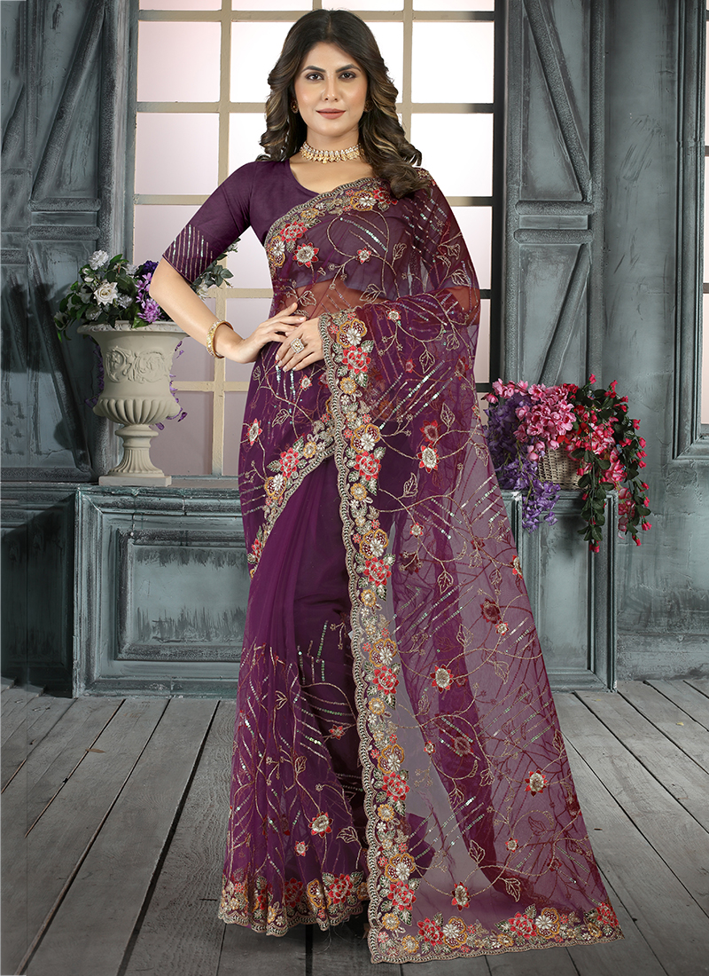 Buy Wine Net Wedding Wear Cording Work Saree Online From Wholesale Salwar.