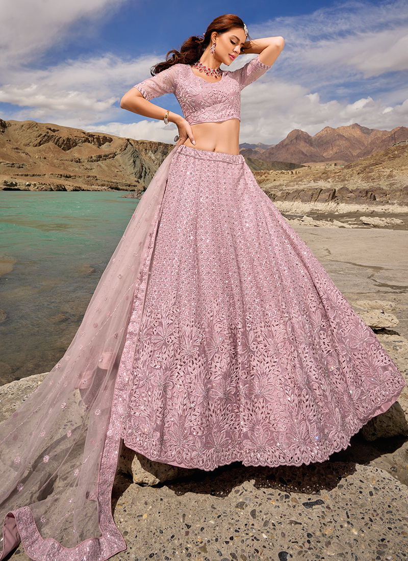 Buy Pink Organza Wedding Wear Embroidery Work Lehenga Choli Online