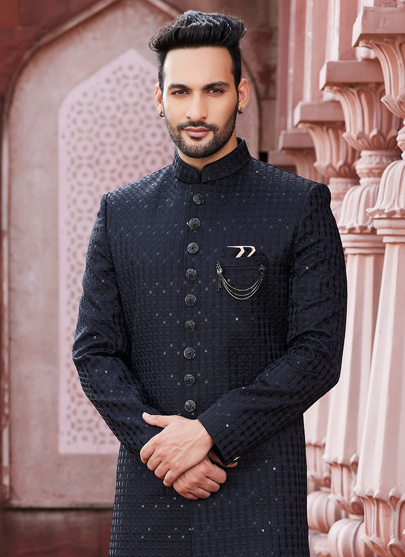 Buy Black Art Silk Party Wear Thread Work Sherwani Online From