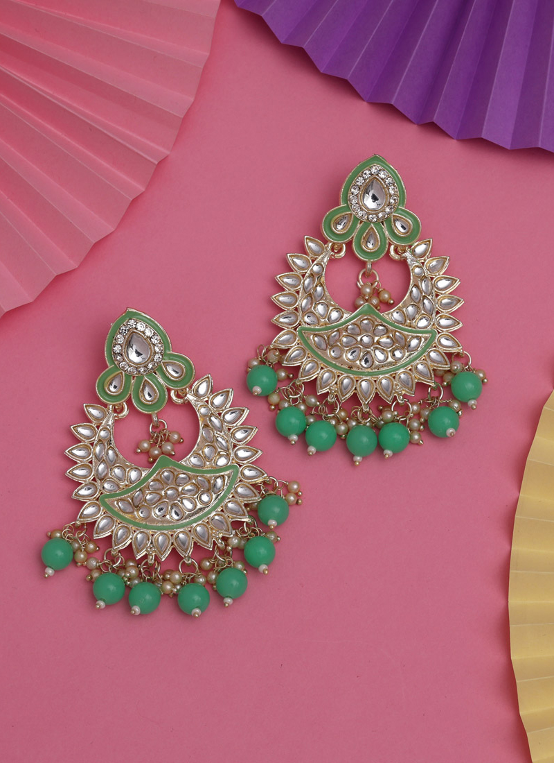 Green Alloy Gold Plated Kundan and Pearl Classic Jhumkas Earrings at Rs  304/pair in Bavla