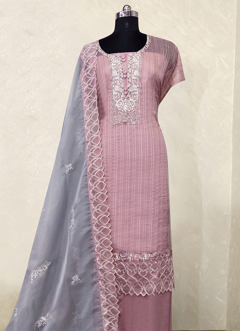 Buy Pink Organza Silk Festival Wear Embroidery Work Dress Material