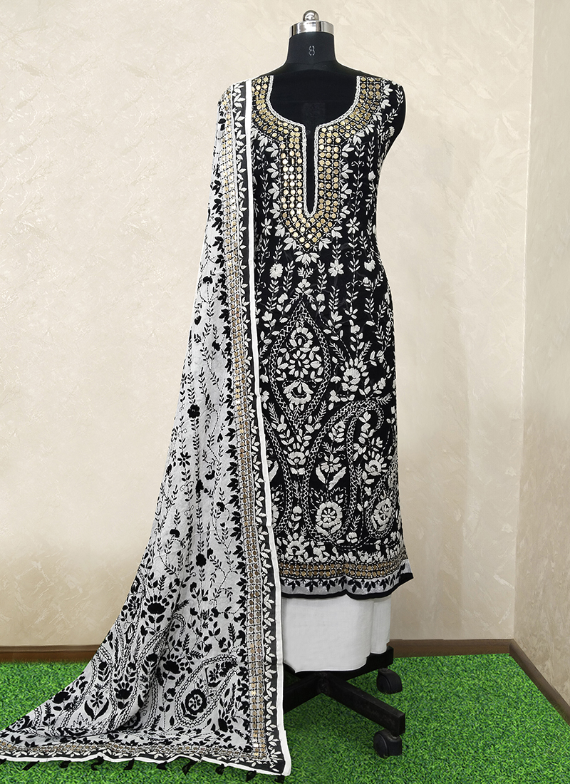 Tvis and Bliss. Hand Embroidered Nude and Green Georgette Lucknow Chikankari  Gota Dress Material