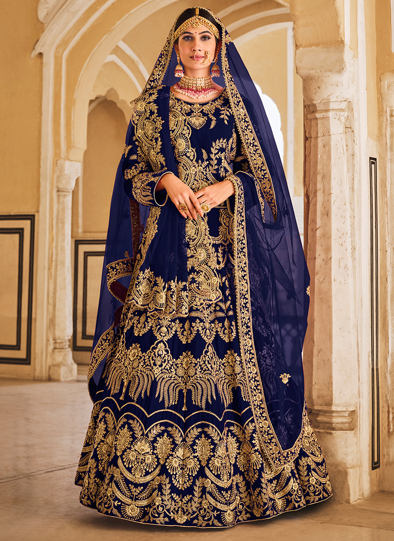 Indian Wedding Royal Blue Ghagra Choli Buy Navy Blue Velvet Bridal