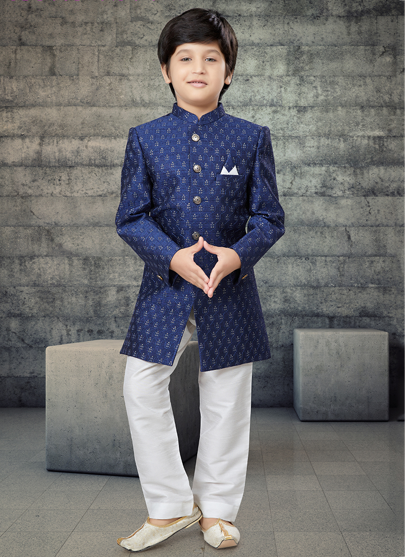Buy Navy Blue Lucknowie Festival Wear Weaving Kids Kurta Pajama