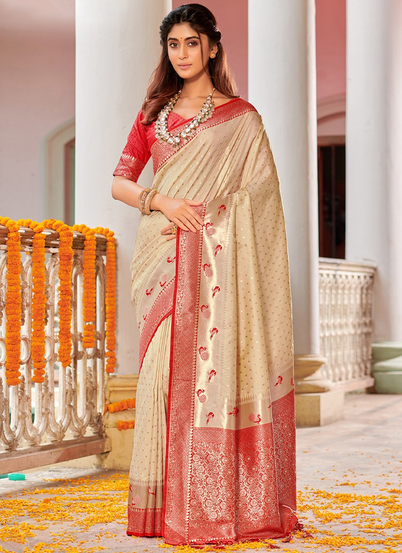 Buy Cream Banarasi Silk Festival Wear Weaving Saree Online From Wholesale Salwar 3295