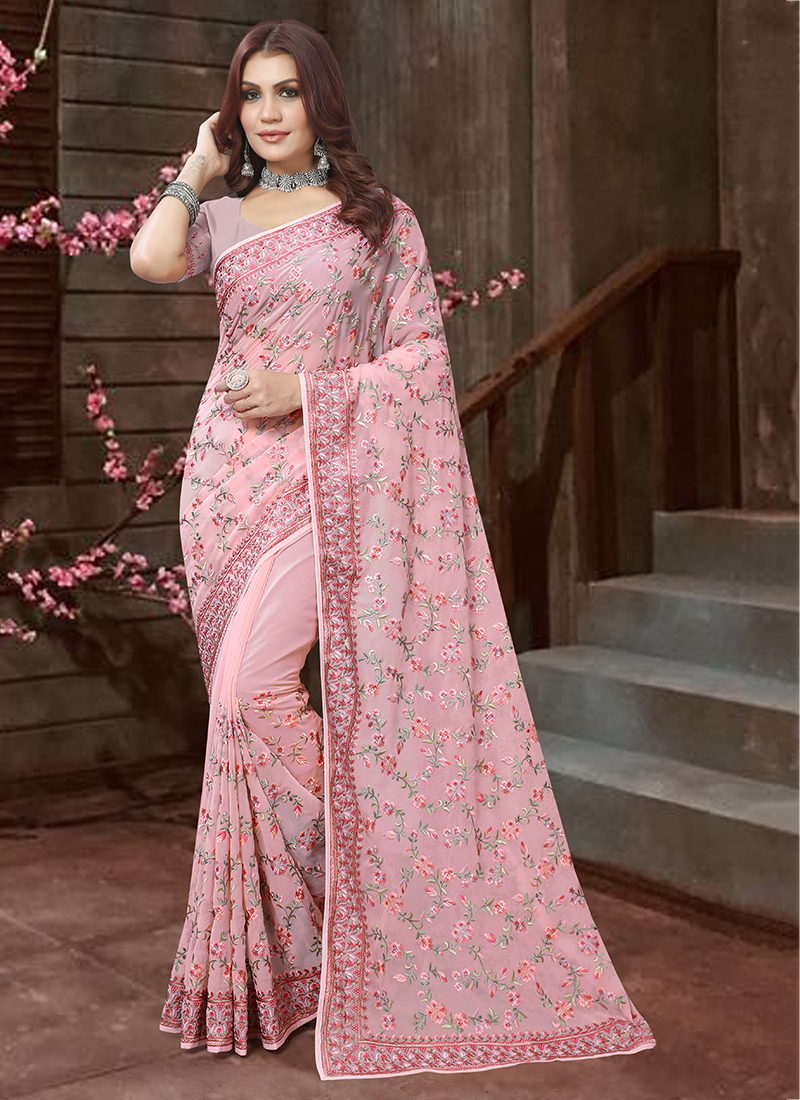 Buy Wine Georgette Wedding Wear Resham Work Saree Online From Wholesale  Salwar.