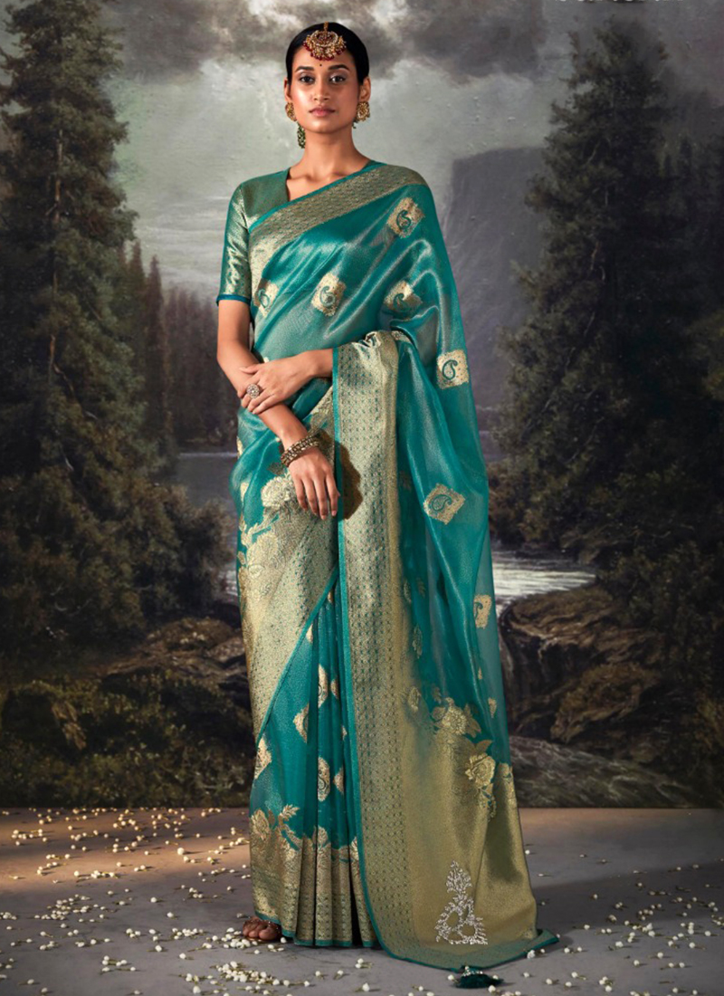Firozi Banarasi Organza Wedding Wear Weaving Saree