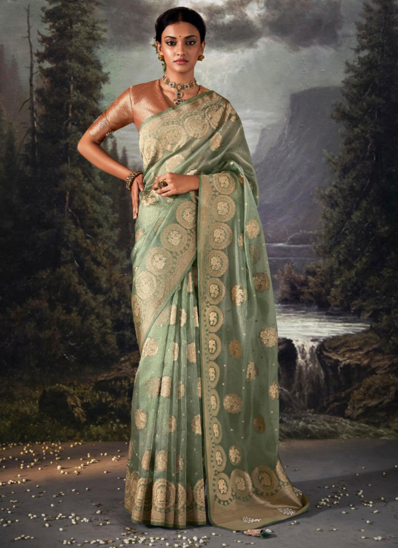 Buy Pista Green Banarasi Organza Wedding Wear Weaving Saree Online