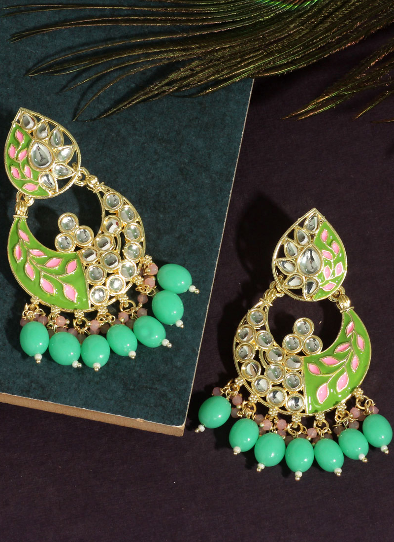 Handpainted meenakari work leaf flower designer gold plated mogra pearl  jhumki light weight earring for women and girls. | K M HandiCrafts India