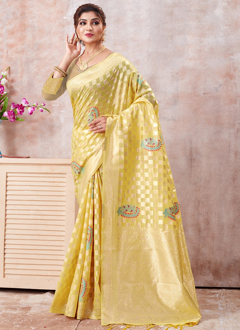 Designer Yellow Printed Weaven Palla Kota Cotton Saree KCS116