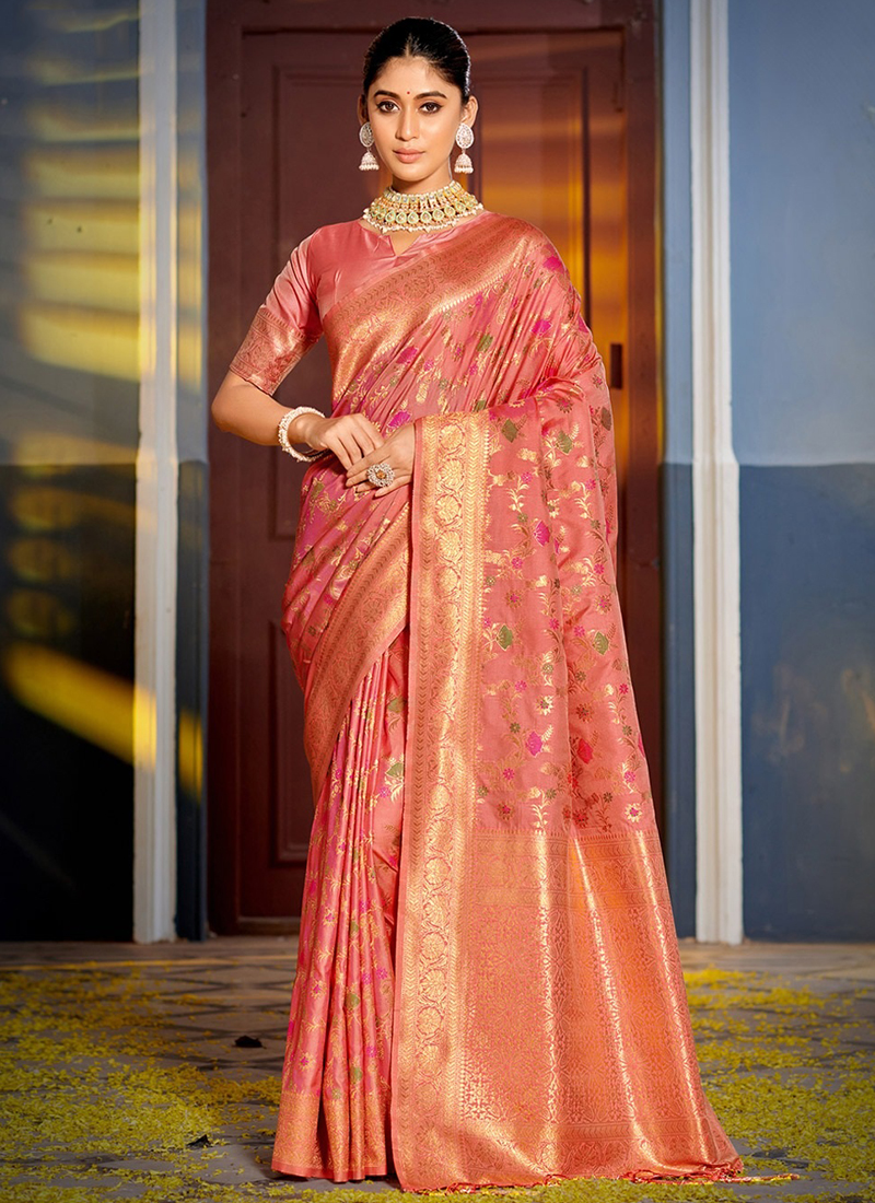 Buy Dark Pink Banarasi Silk Festival Wear Weaving Saree Online