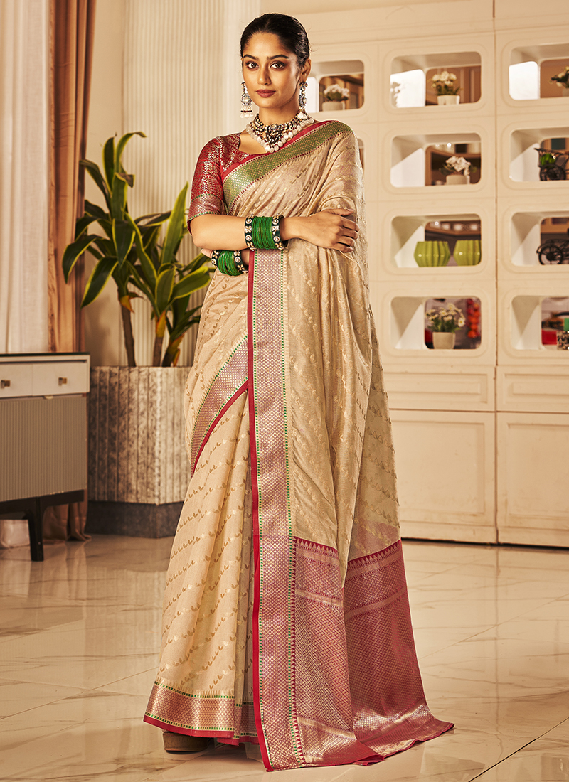 Women Party Wear Designer Beige Colour Banarasi Silk Saree Collection
