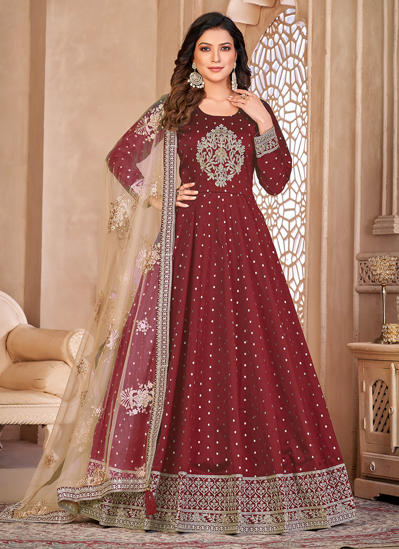 Buy Maroon Tapeta Silk Wedding Wear Embroidery Work Anarkali Suit