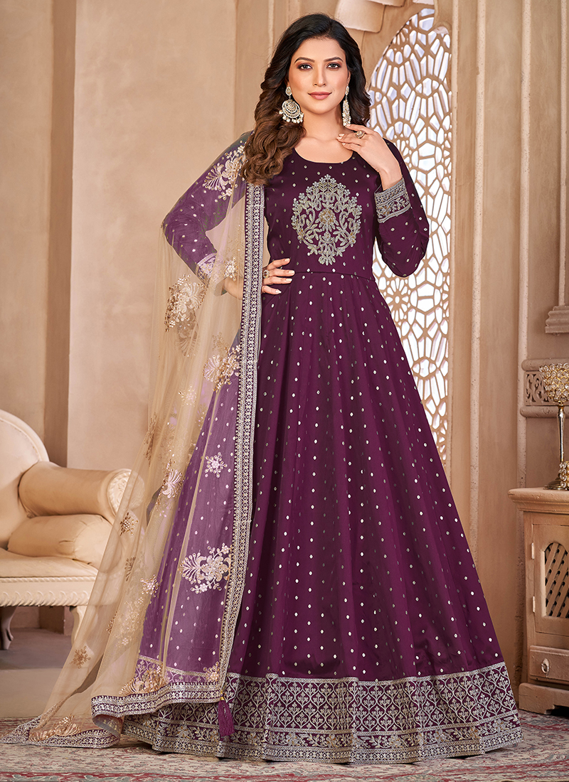 Buy Purple Tapeta Silk Wedding Wear Embroidery Work Anarkali Suit