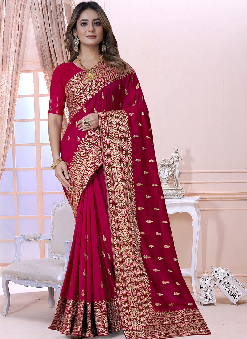Women Rani Vichitra Silk Kurta Set With Dupatta Embroidery Work
