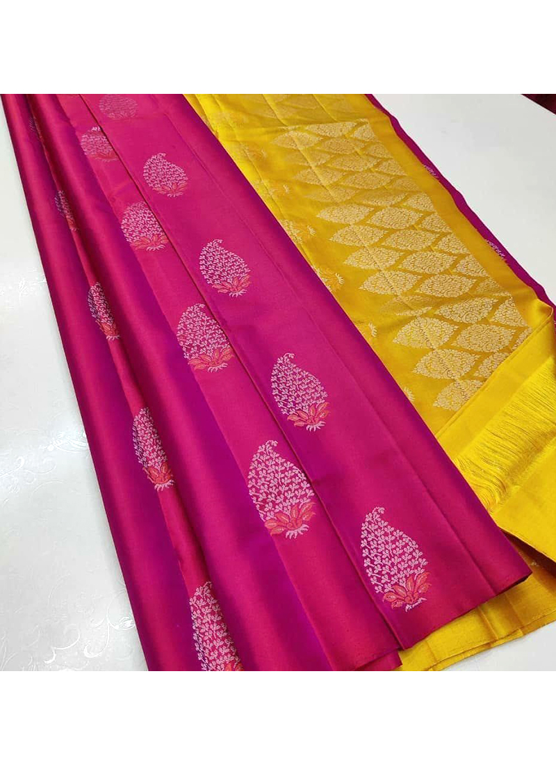 Buy 3 leaf Textile banarasi silk saree with beautiful Unstitched Golden  zari blouse piece. (YELLOW) Online In India At Discounted Prices