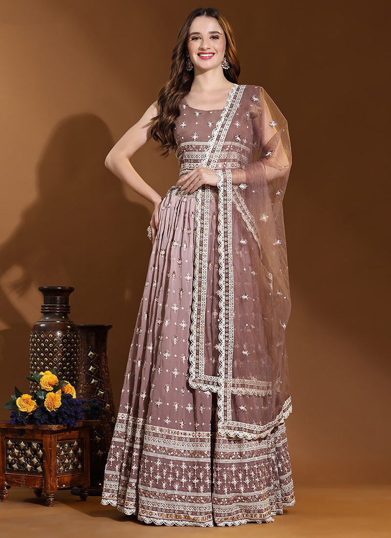 Buy Brown Georgette Party Wear Embroidery Work Ready To Wear