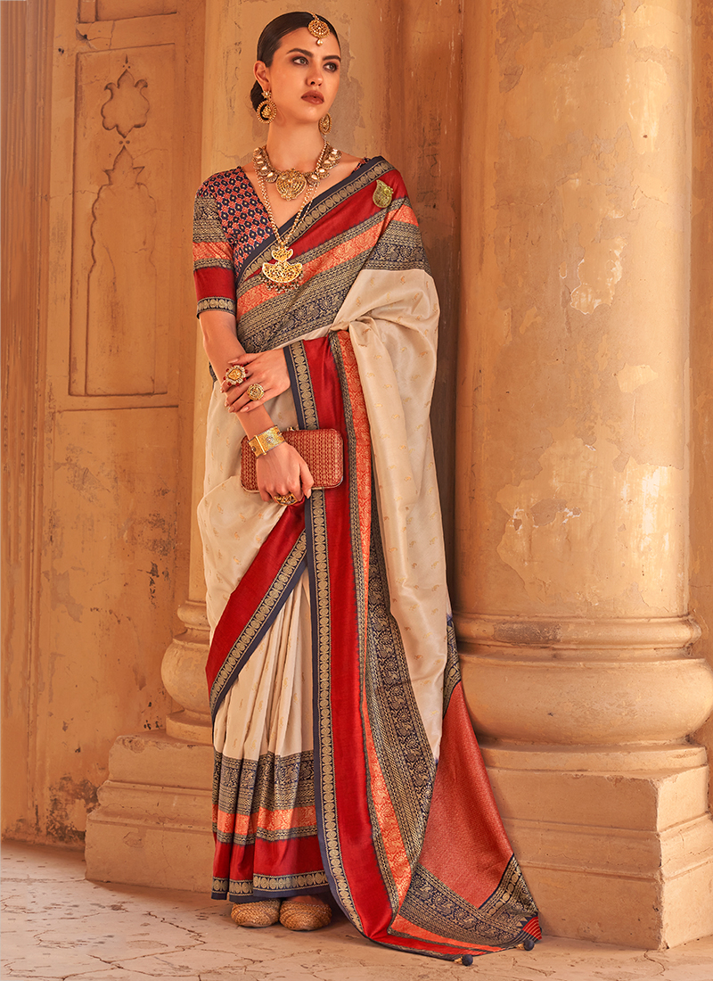 Shop Silk Cream Fancy Designer Traditional Saree Online : 198398 -