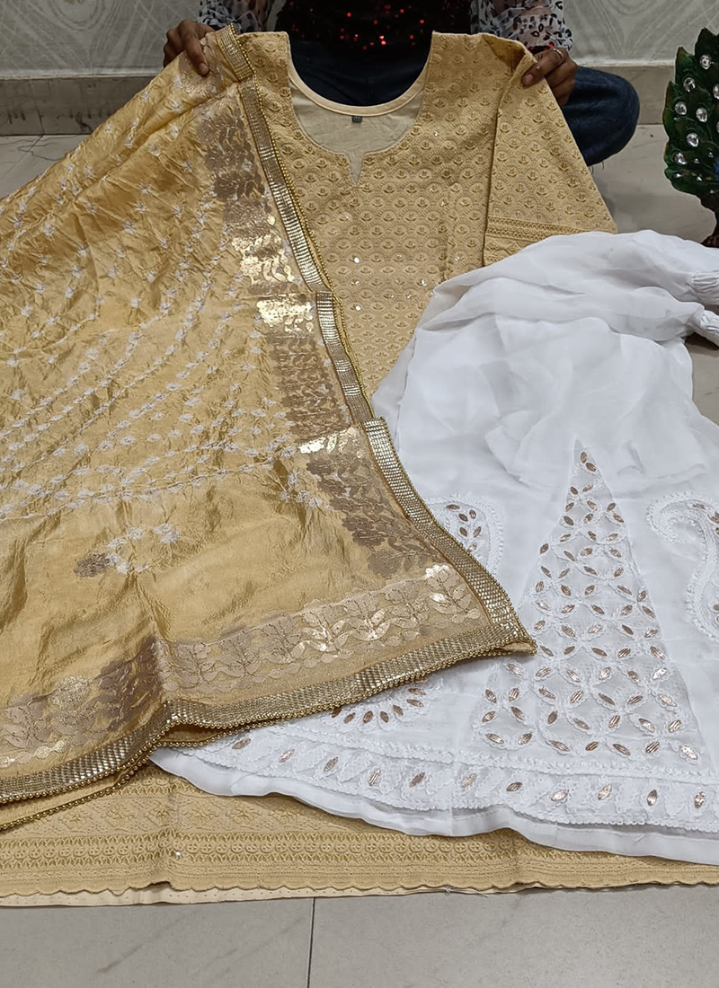 Giftpiper Handembroidered Phulkari Suit In Cotton Silk Beige - Richa Pandey  - 2271186